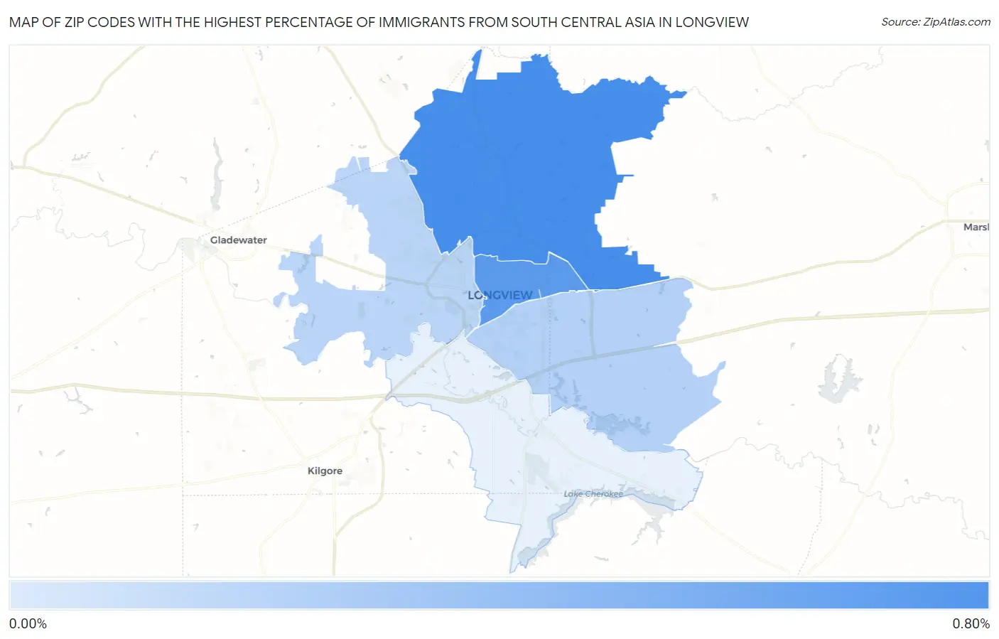 Zip Codes with the Highest Percentage of Immigrants from South Central Asia in Longview Map
