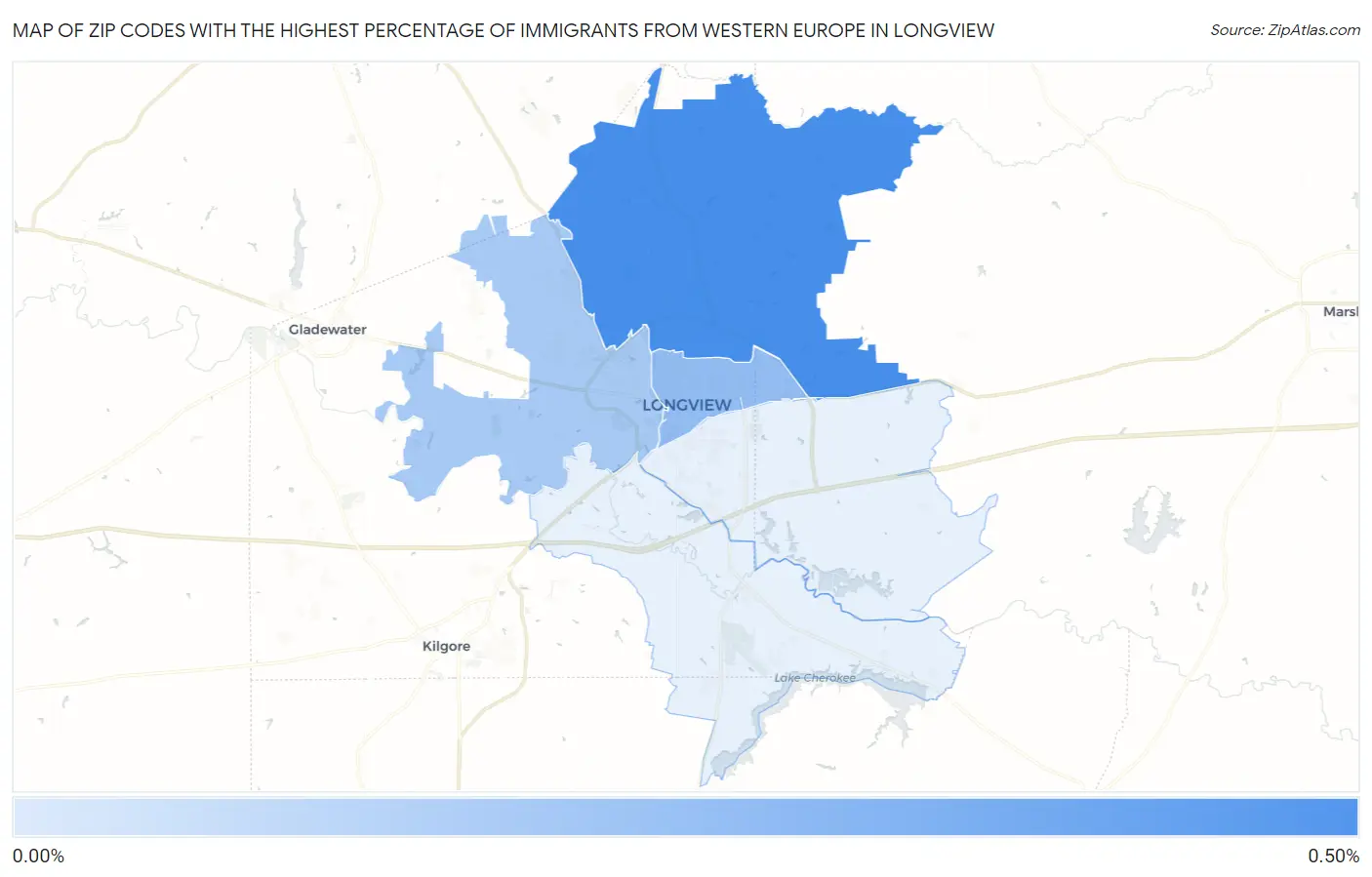 Zip Codes with the Highest Percentage of Immigrants from Western Europe in Longview Map