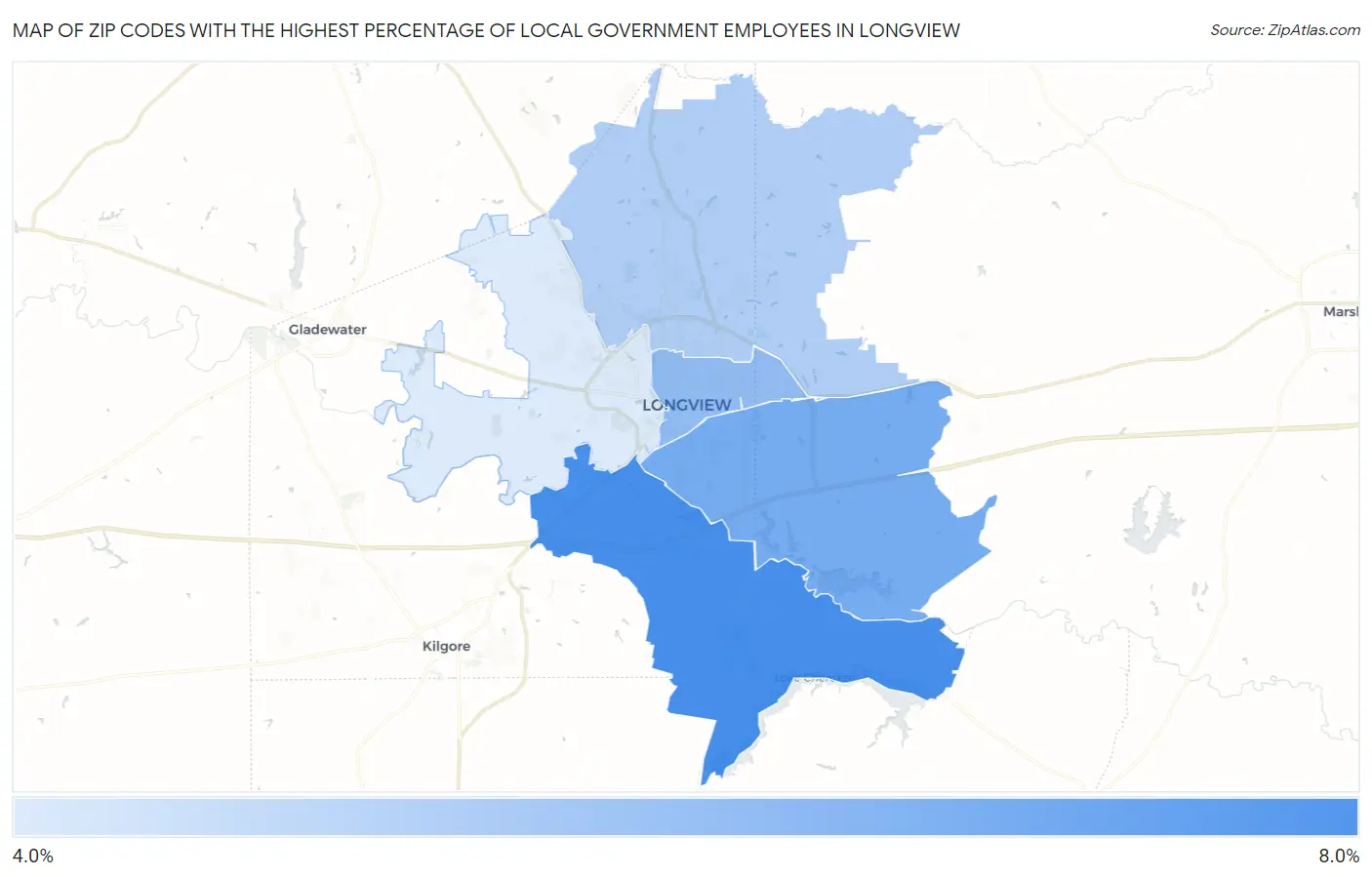 Zip Codes with the Highest Percentage of Local Government Employees in Longview Map