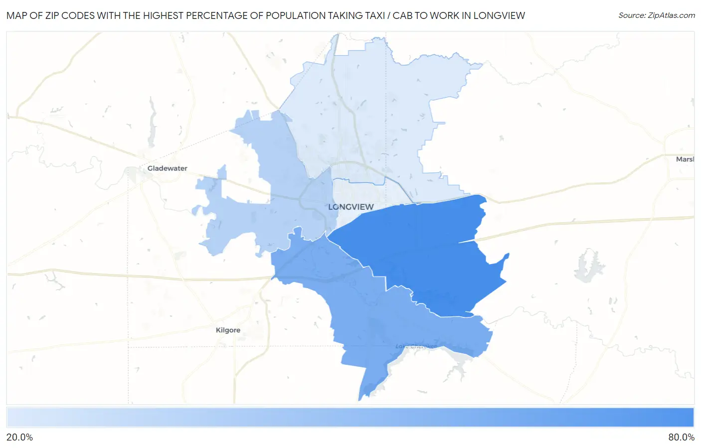Zip Codes with the Highest Percentage of Population Taking Taxi / Cab to Work in Longview Map