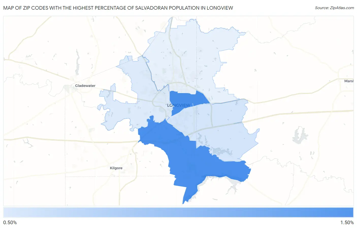 Zip Codes with the Highest Percentage of Salvadoran Population in Longview Map