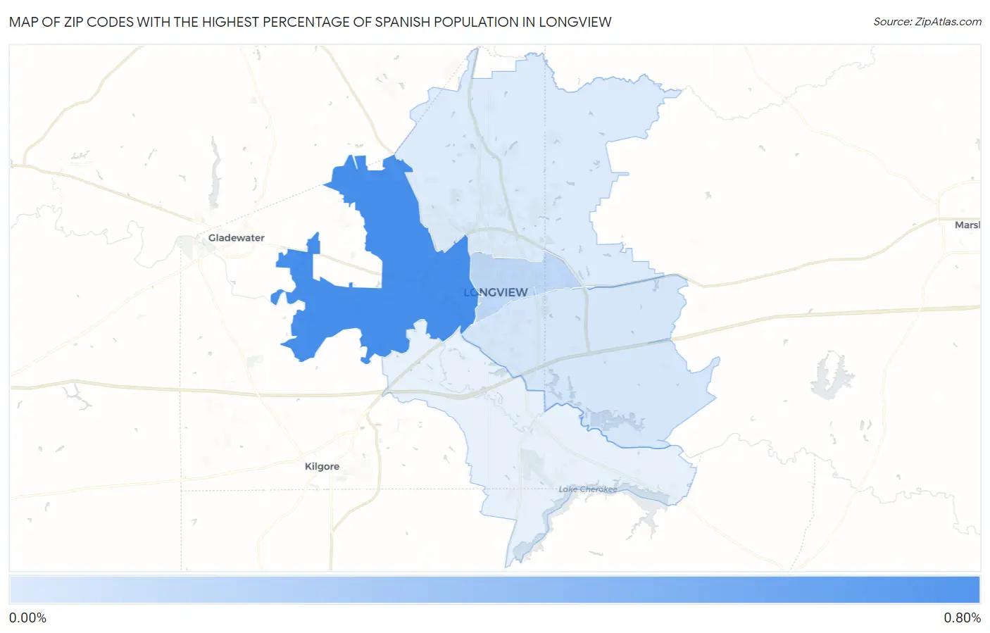Zip Codes with the Highest Percentage of Spanish Population in Longview Map