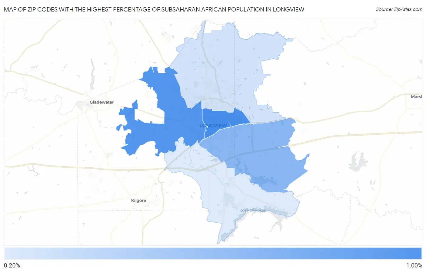 Zip Codes with the Highest Percentage of Subsaharan African Population in Longview Map