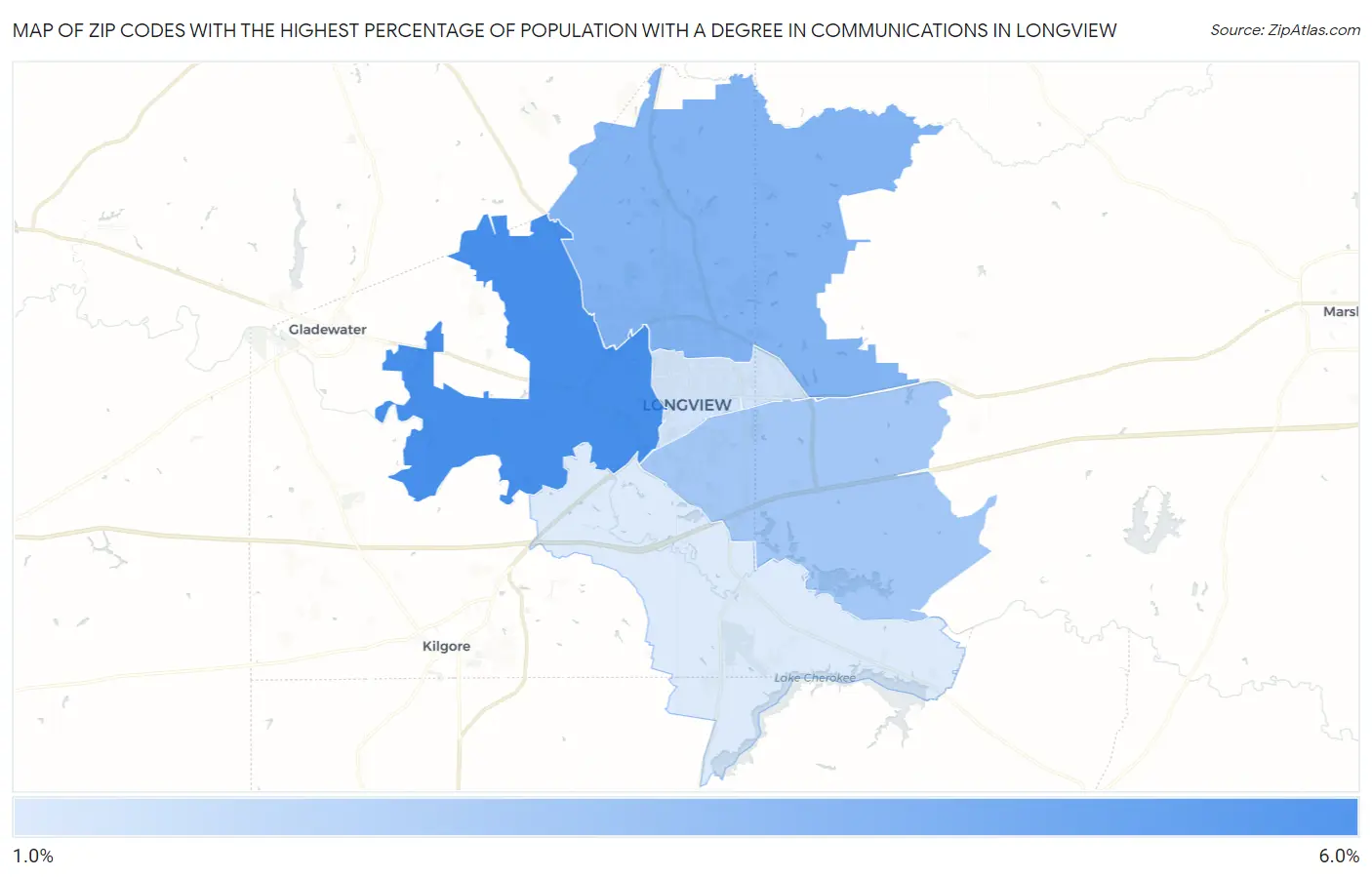 Zip Codes with the Highest Percentage of Population with a Degree in Communications in Longview Map