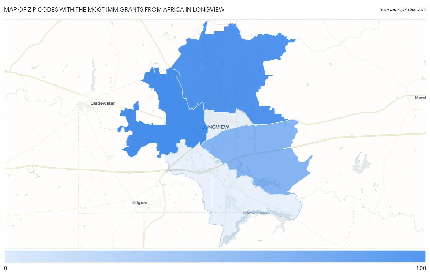 Zip Codes with the Most Immigrants from Africa in Longview Map