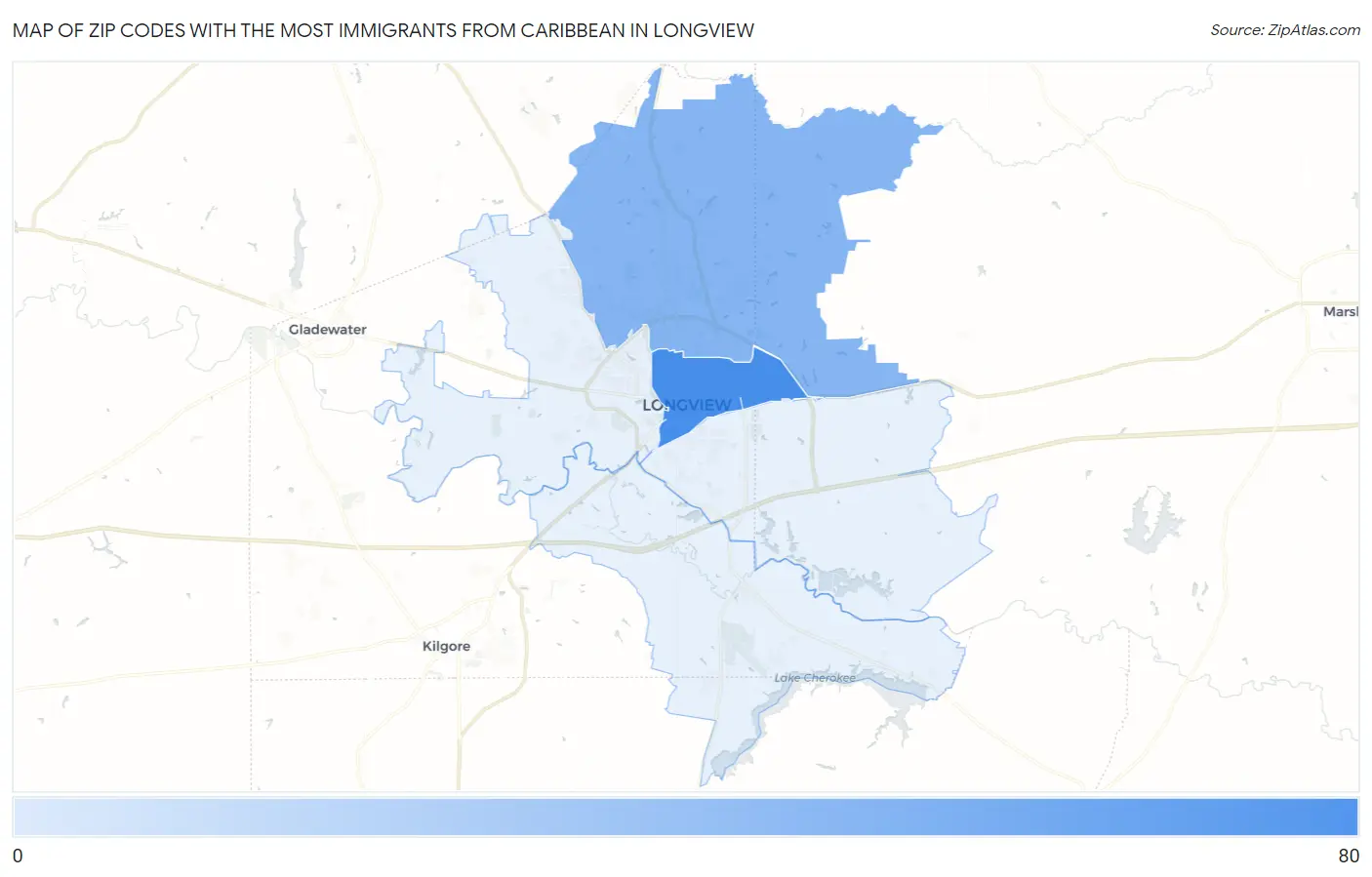 Zip Codes with the Most Immigrants from Caribbean in Longview Map