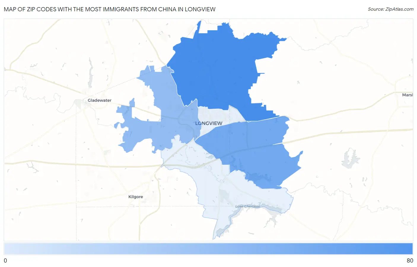 Zip Codes with the Most Immigrants from China in Longview Map