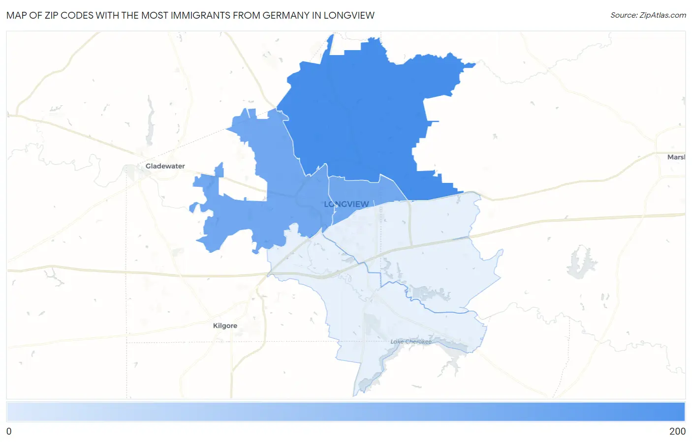 Zip Codes with the Most Immigrants from Germany in Longview Map