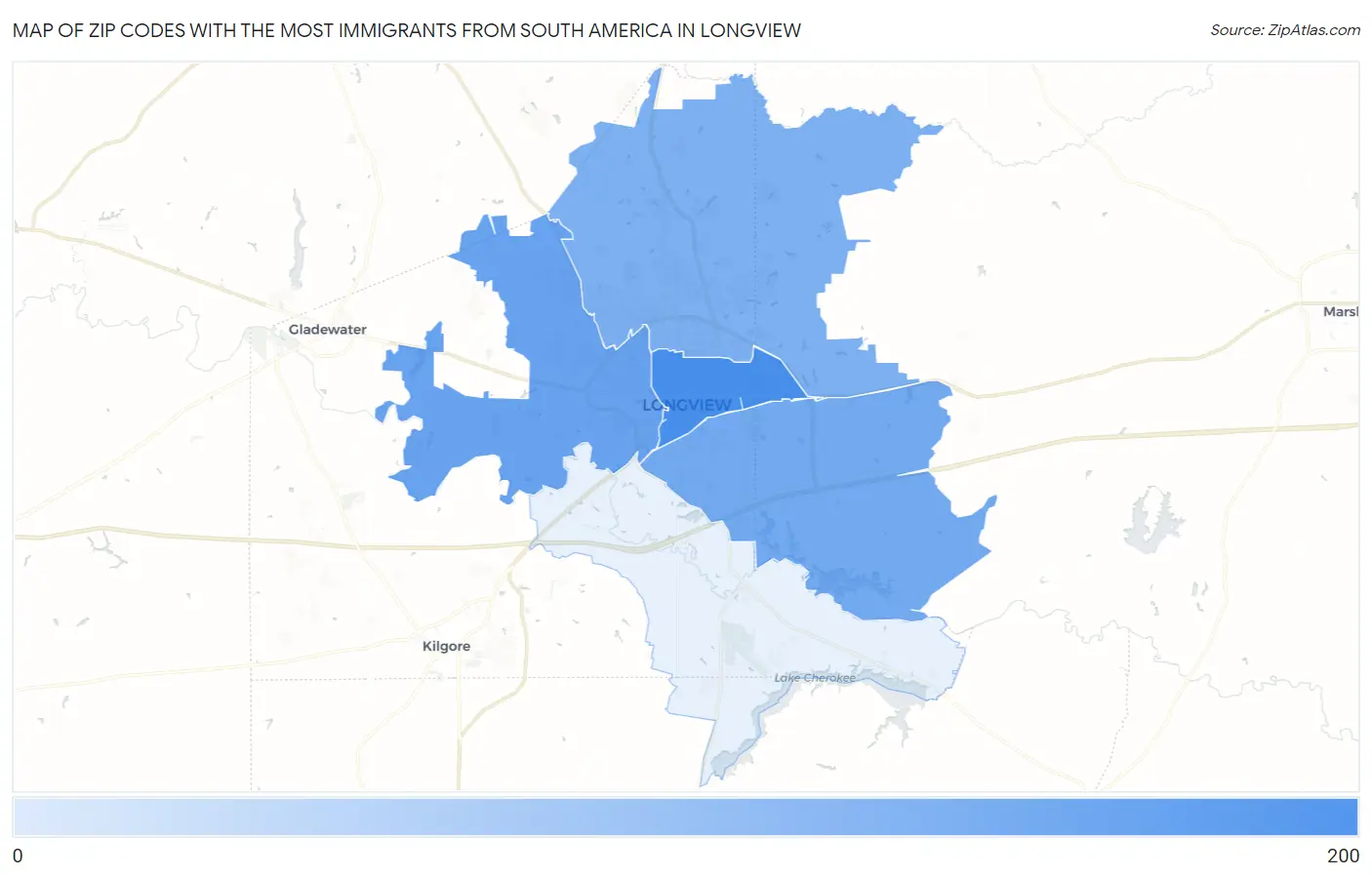 Zip Codes with the Most Immigrants from South America in Longview Map