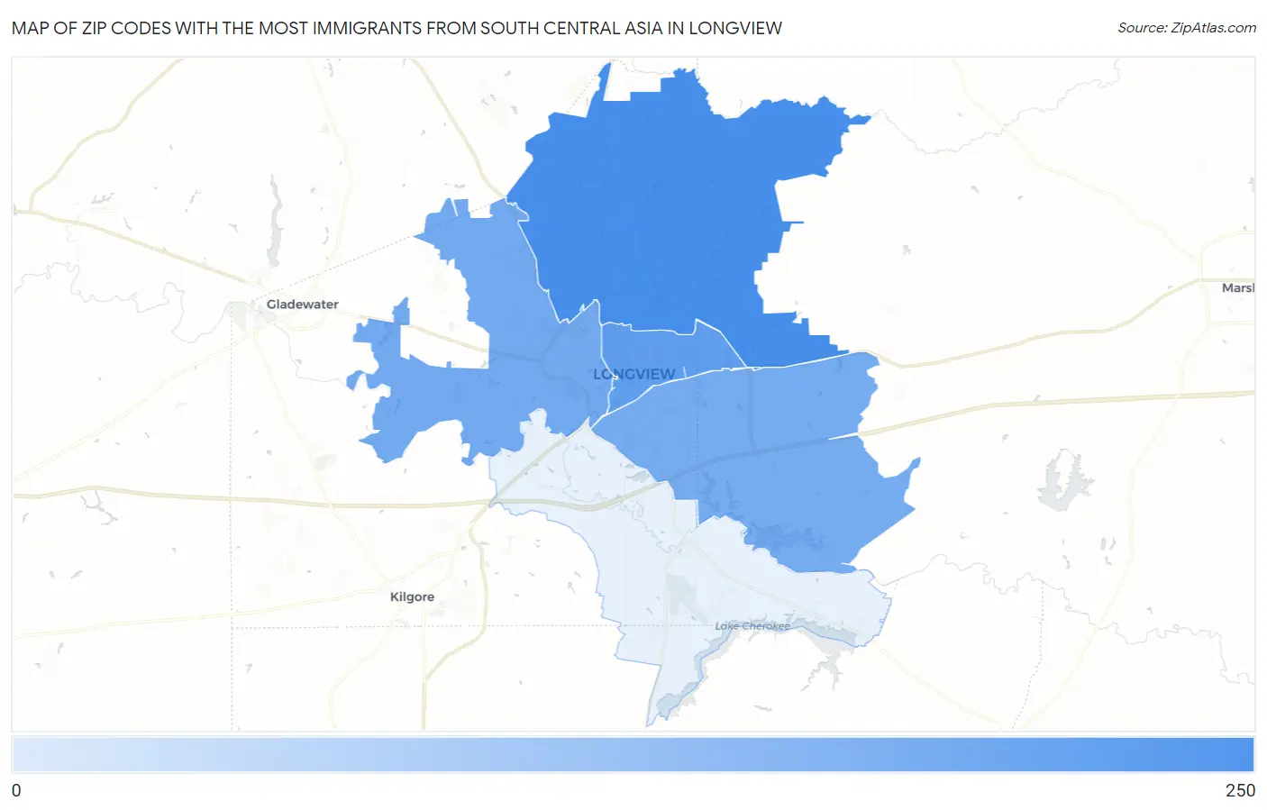 Zip Codes with the Most Immigrants from South Central Asia in Longview Map