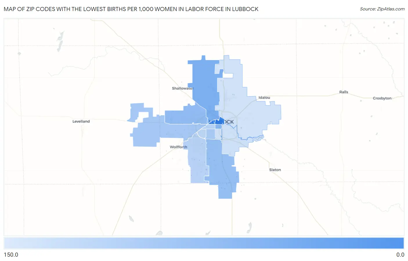 Zip Codes with the Lowest Births per 1,000 Women in Labor Force in Lubbock Map