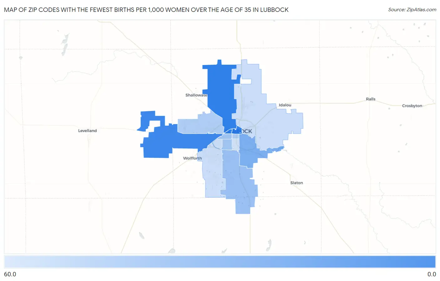 Zip Codes with the Fewest Births per 1,000 Women Over the Age of 35 in Lubbock Map