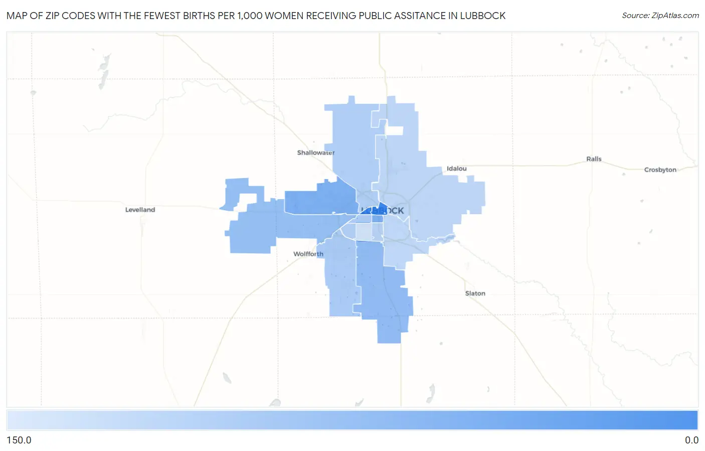 Zip Codes with the Fewest Births per 1,000 Women Receiving Public Assitance in Lubbock Map