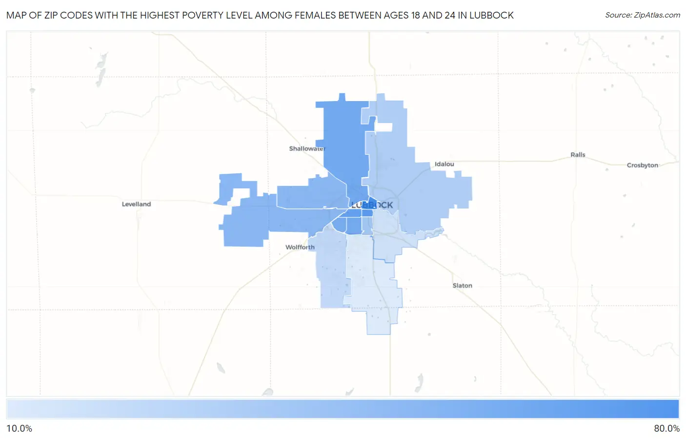 Zip Codes with the Highest Poverty Level Among Females Between Ages 18 and 24 in Lubbock Map