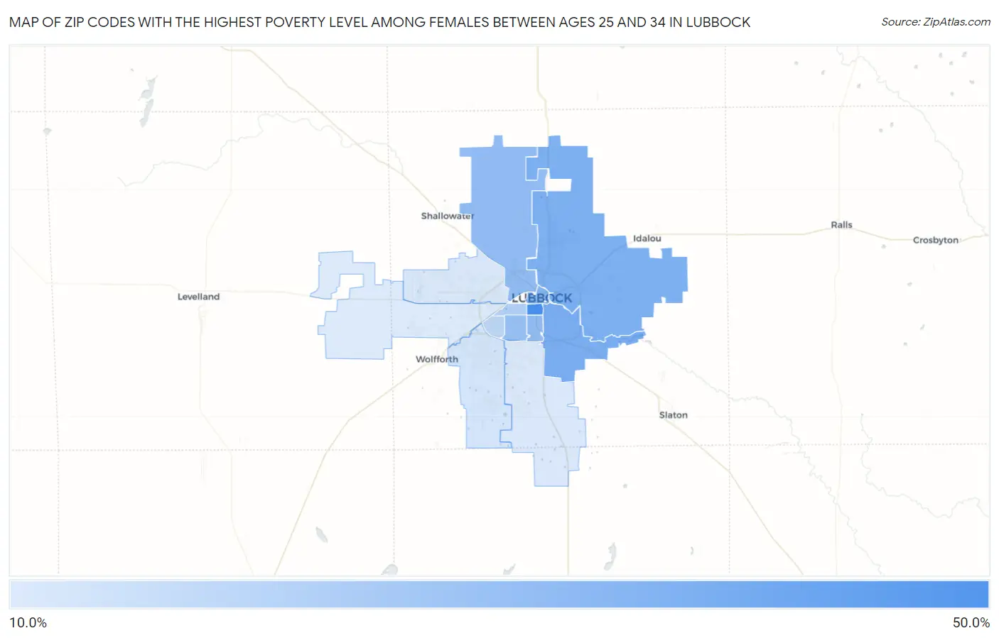Zip Codes with the Highest Poverty Level Among Females Between Ages 25 and 34 in Lubbock Map
