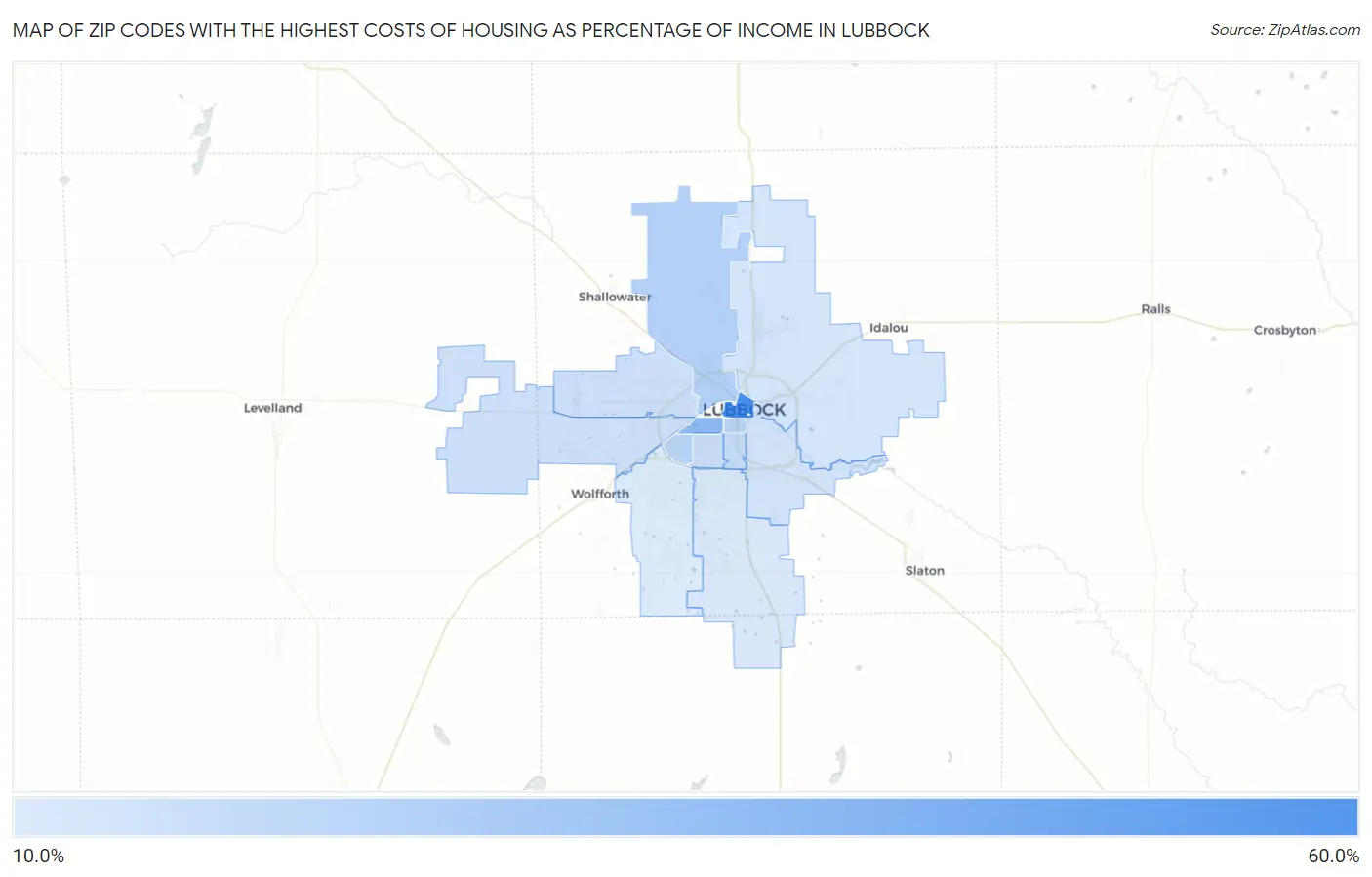 Zip Codes with the Highest Costs of Housing as Percentage of Income in Lubbock Map