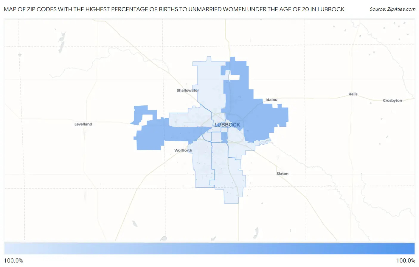 Zip Codes with the Highest Percentage of Births to Unmarried Women under the Age of 20 in Lubbock Map