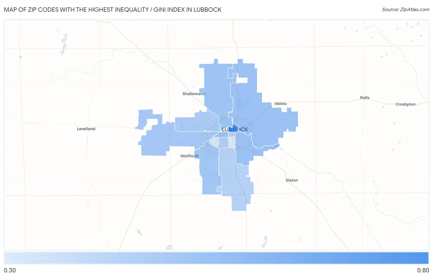 Zip Codes with the Highest Inequality / Gini Index in Lubbock Map