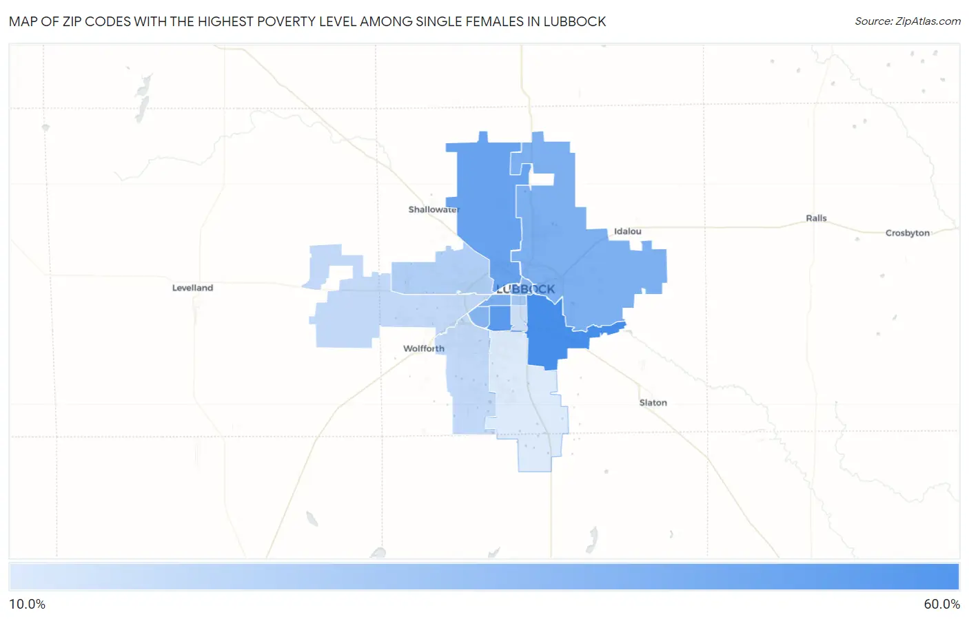 Zip Codes with the Highest Poverty Level Among Single Females in Lubbock Map