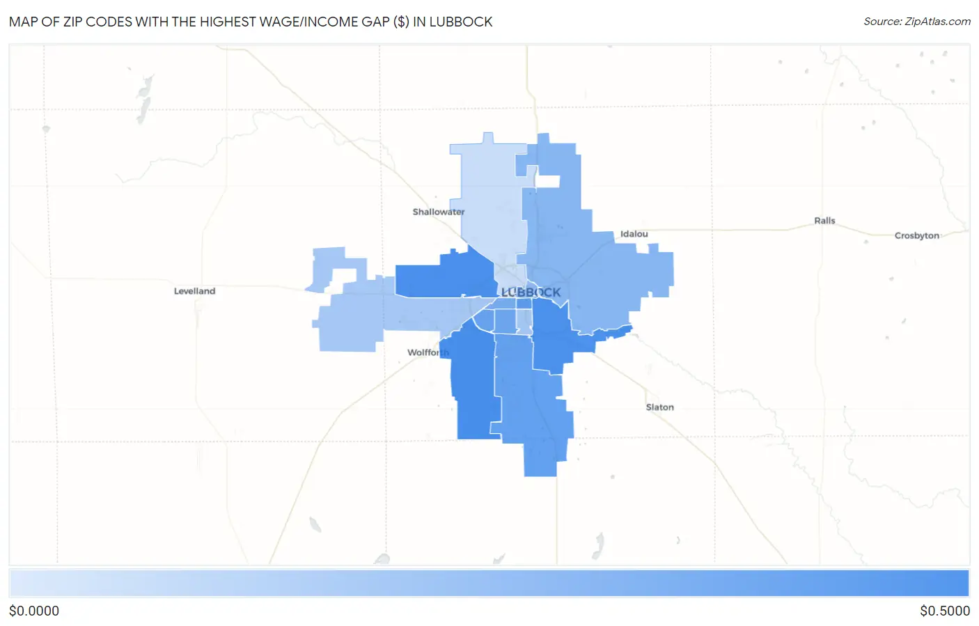 Zip Codes with the Highest Wage/Income Gap ($) in Lubbock Map