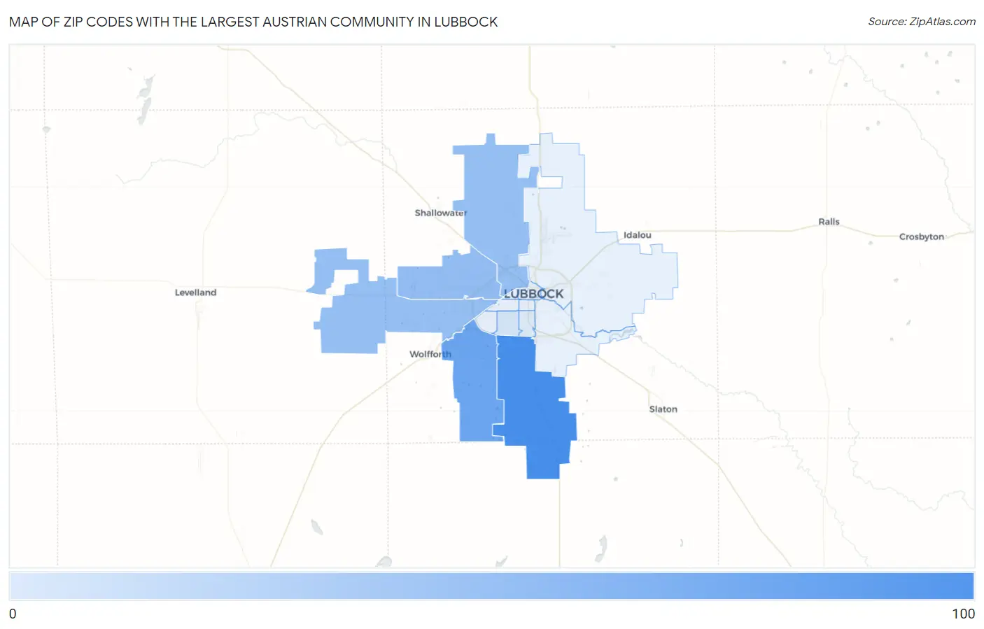 Zip Codes with the Largest Austrian Community in Lubbock Map