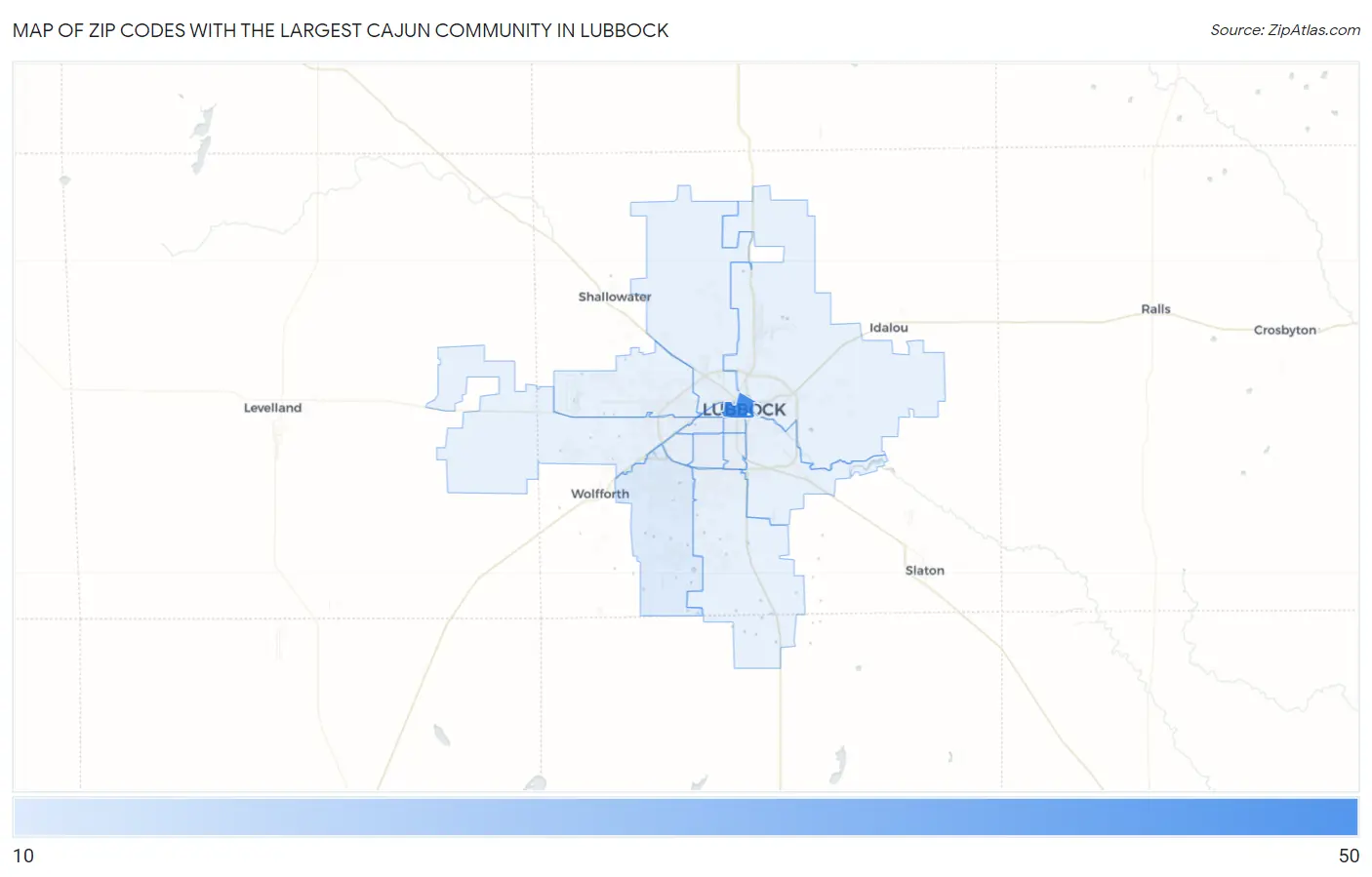 Zip Codes with the Largest Cajun Community in Lubbock Map