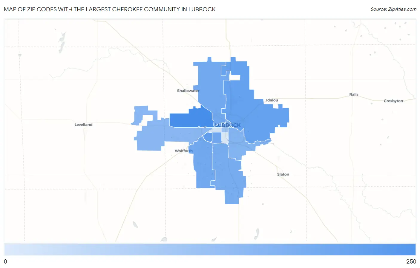 Zip Codes with the Largest Cherokee Community in Lubbock Map