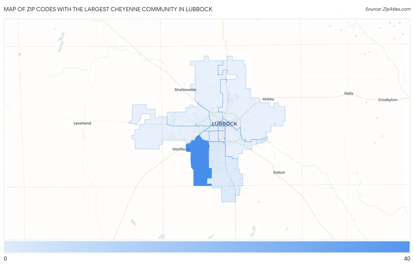 Zip Codes with the Largest Cheyenne Community in Lubbock Map