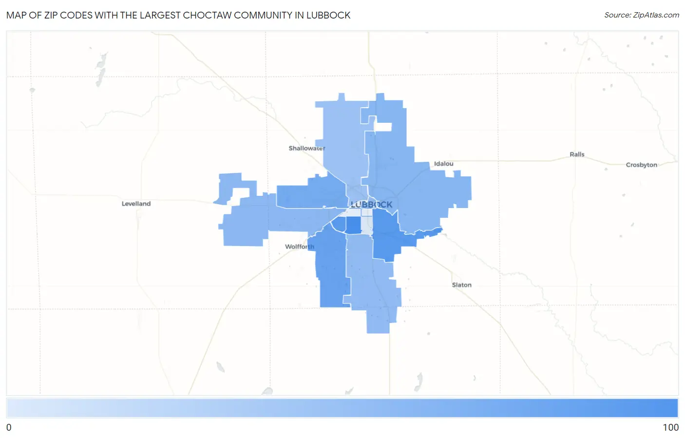Zip Codes with the Largest Choctaw Community in Lubbock Map