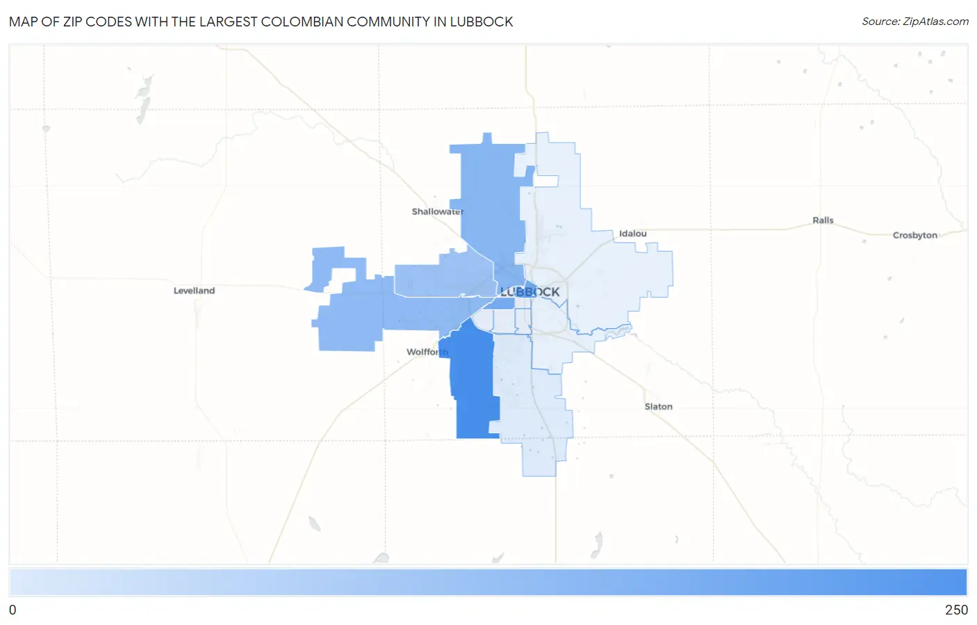 Zip Codes with the Largest Colombian Community in Lubbock Map