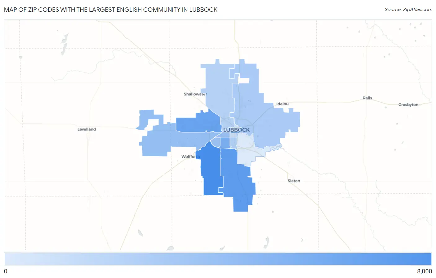Zip Codes with the Largest English Community in Lubbock Map