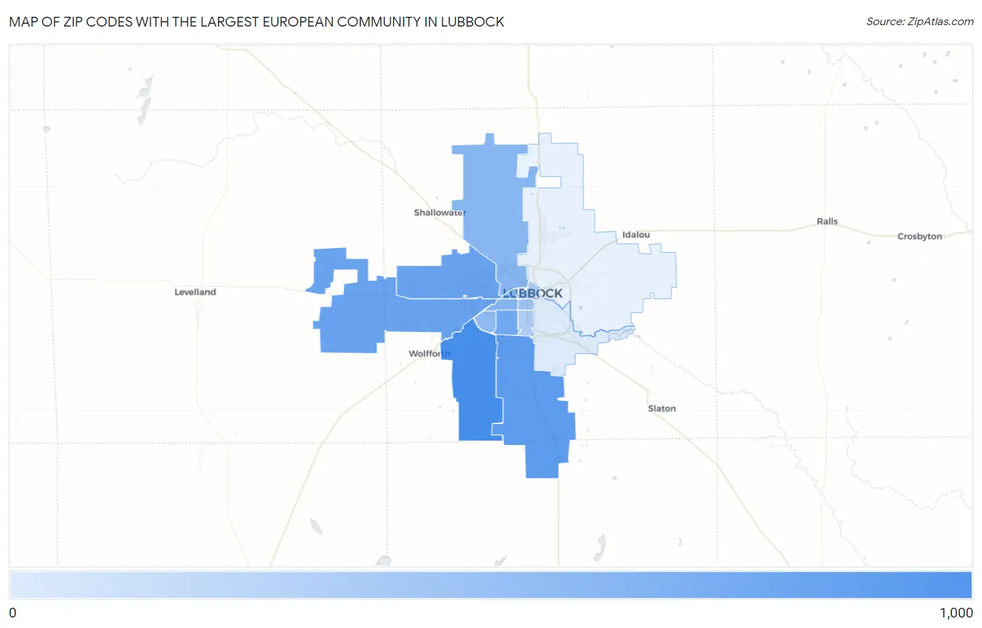 Zip Codes with the Largest European Community in Lubbock Map
