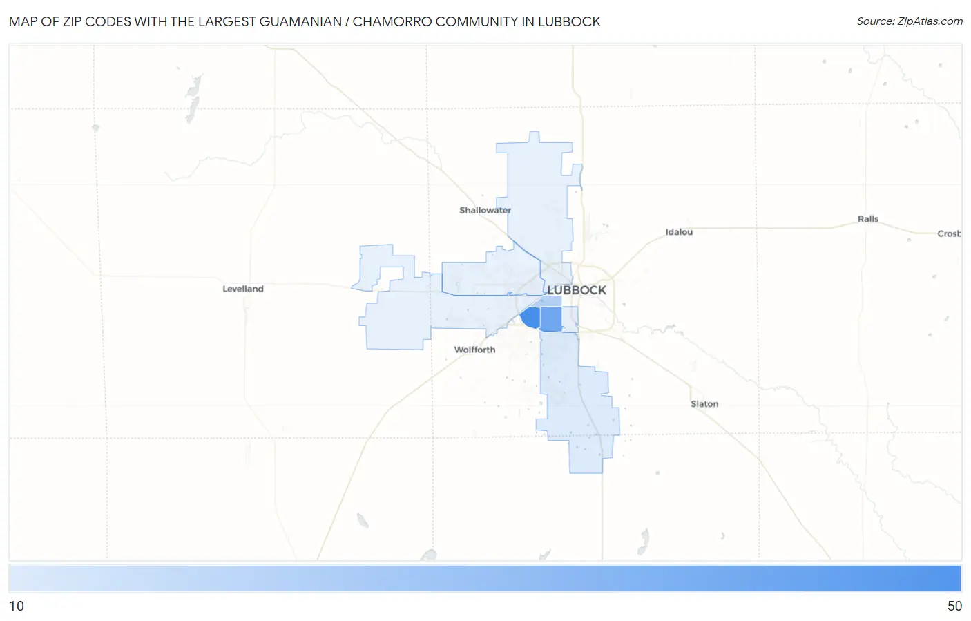 Zip Codes with the Largest Guamanian / Chamorro Community in Lubbock Map