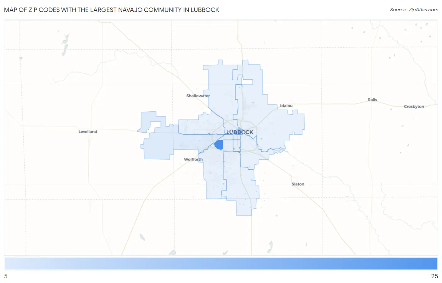 Zip Codes with the Largest Navajo Community in Lubbock Map