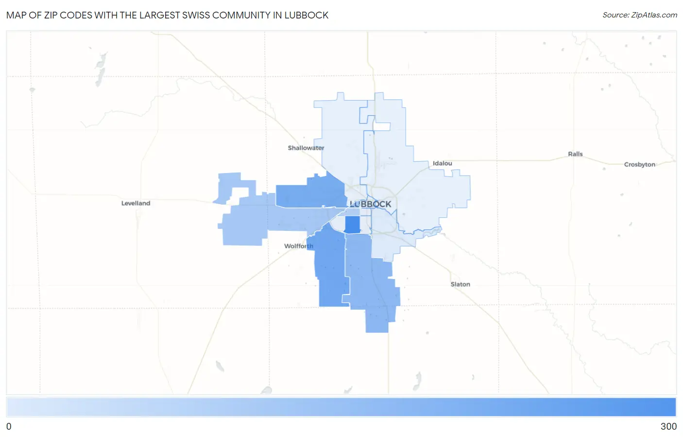 Zip Codes with the Largest Swiss Community in Lubbock Map