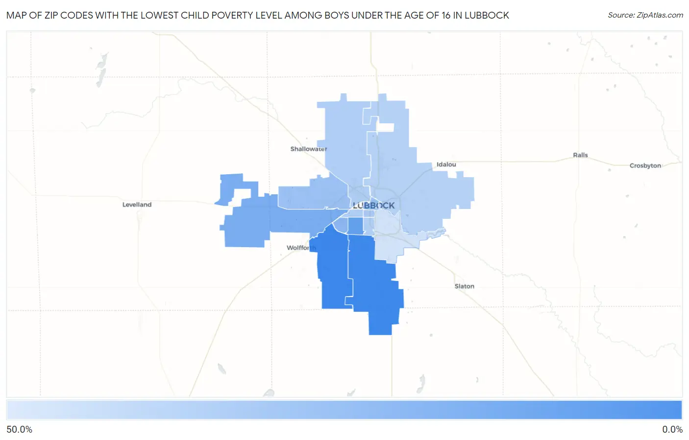 Zip Codes with the Lowest Child Poverty Level Among Boys Under the Age of 16 in Lubbock Map