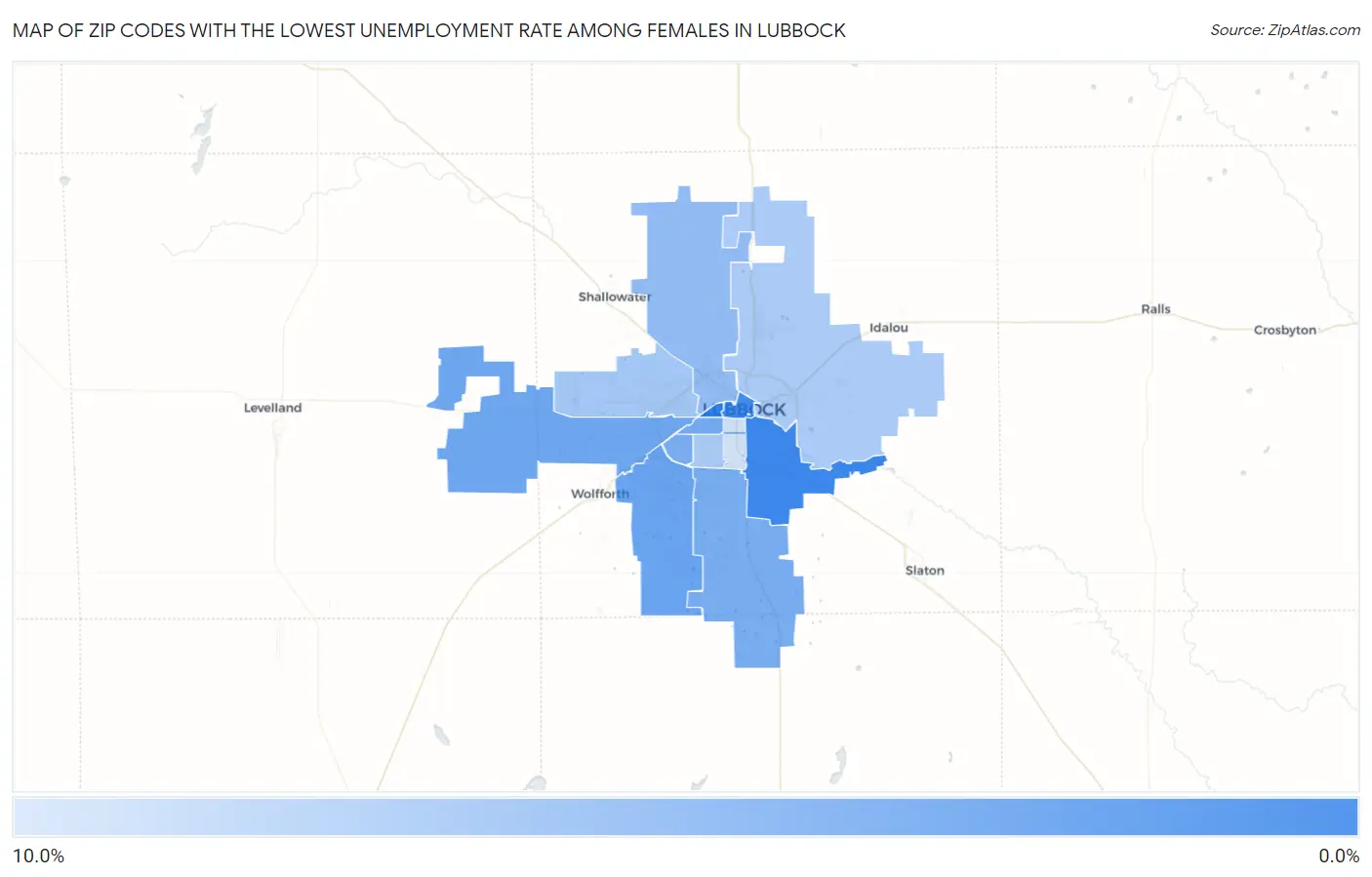 Zip Codes with the Lowest Unemployment Rate Among Females in Lubbock Map