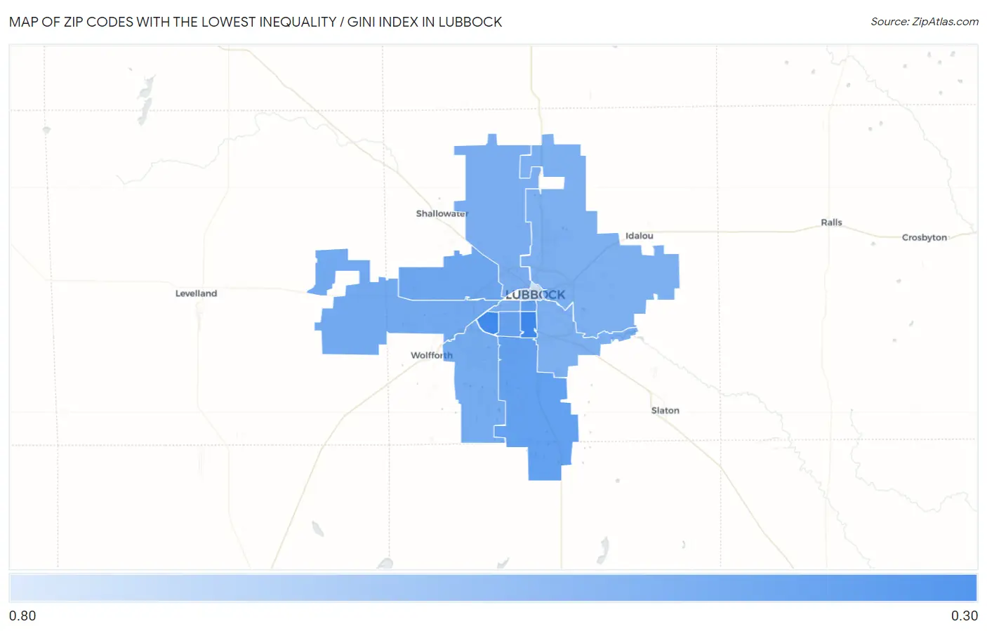 Zip Codes with the Lowest Inequality / Gini Index in Lubbock Map