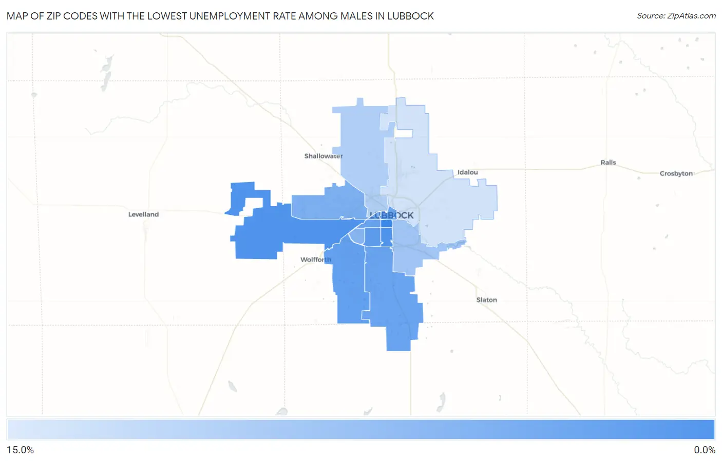 Zip Codes with the Lowest Unemployment Rate Among Males in Lubbock Map