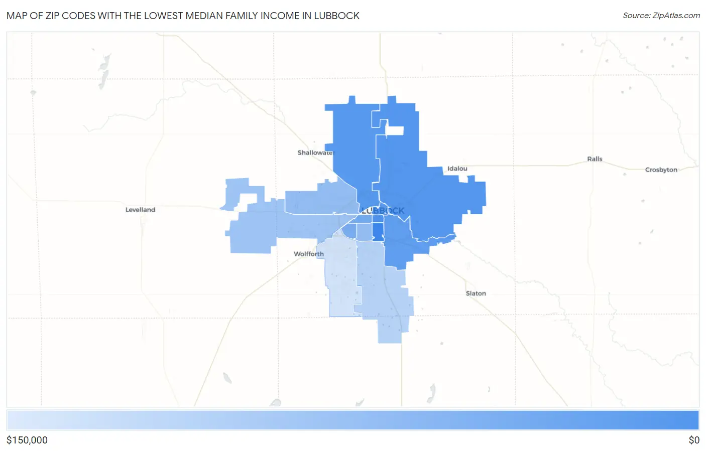 Zip Codes with the Lowest Median Family Income in Lubbock Map
