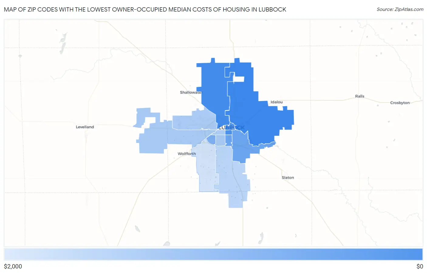 Zip Codes with the Lowest Owner-Occupied Median Costs of Housing in Lubbock Map