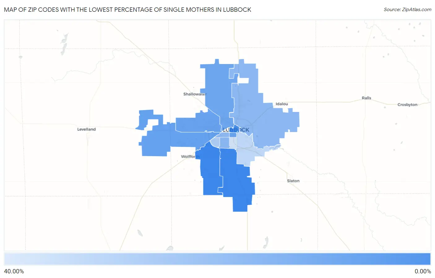Zip Codes with the Lowest Percentage of Single Mothers in Lubbock Map