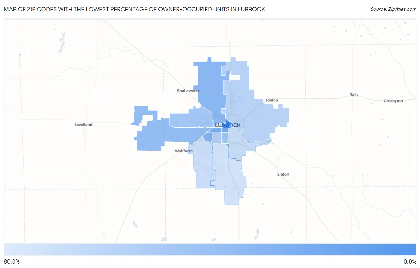 Zip Codes with the Lowest Percentage of Owner-Occupied Units in Lubbock Map