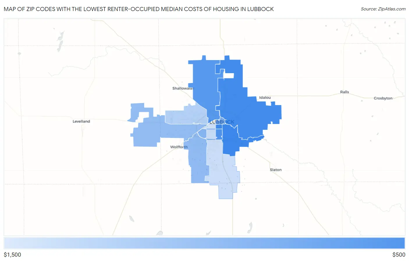 Zip Codes with the Lowest Renter-Occupied Median Costs of Housing in Lubbock Map
