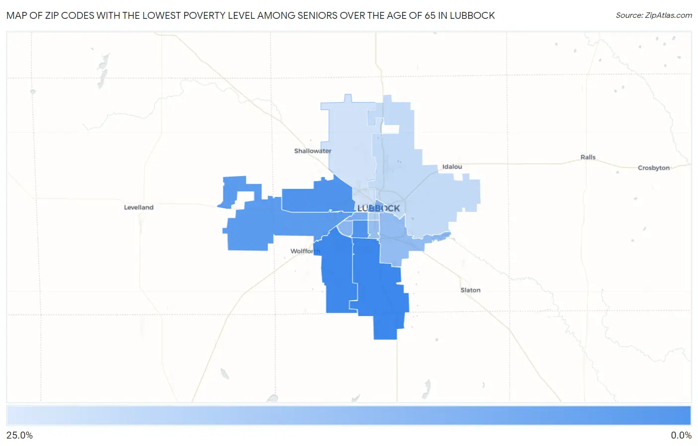 Zip Codes with the Lowest Poverty Level Among Seniors Over the Age of 65 in Lubbock Map