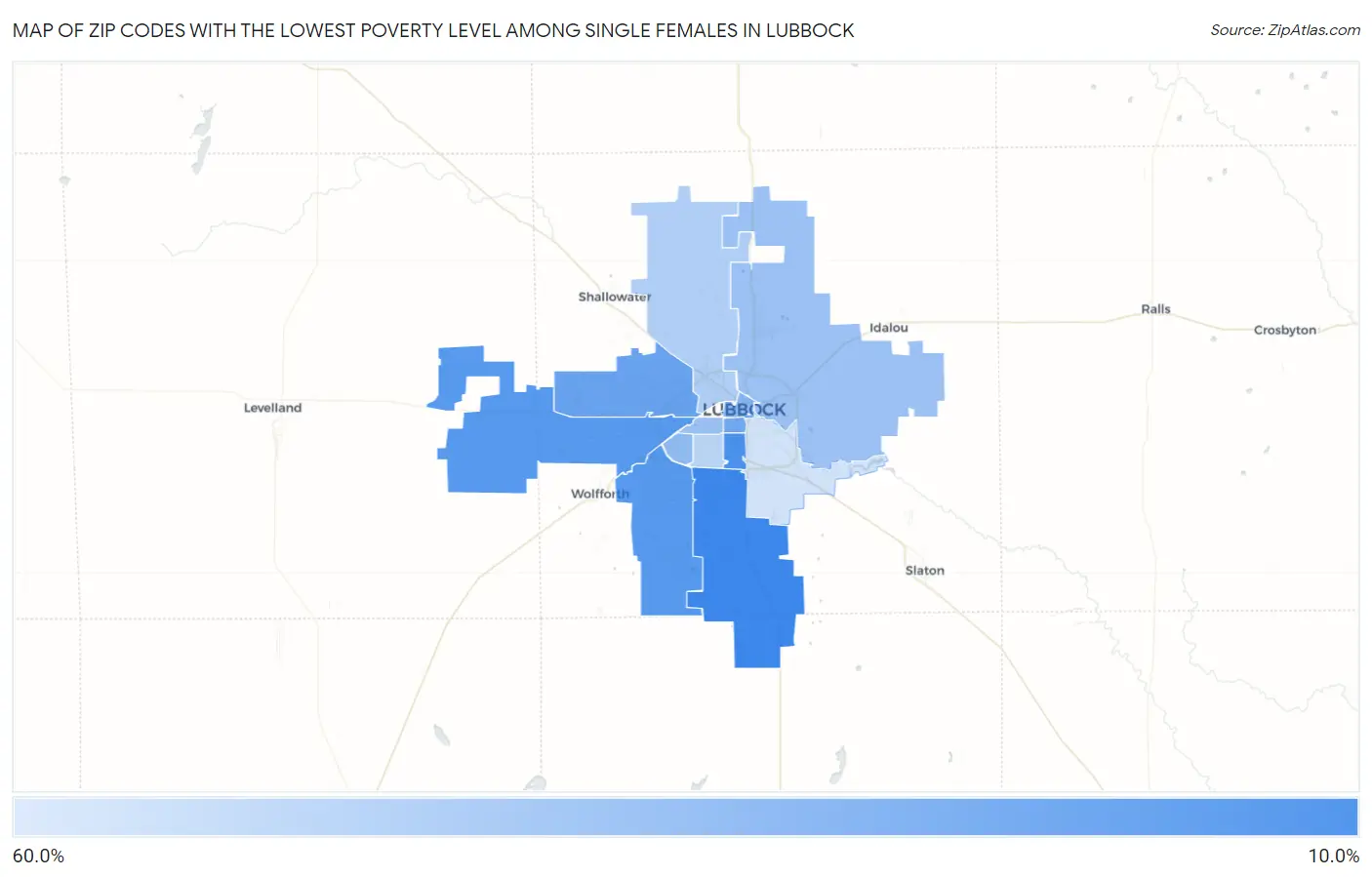 Zip Codes with the Lowest Poverty Level Among Single Females in Lubbock Map