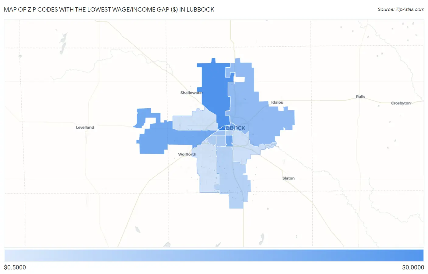 Zip Codes with the Lowest Wage/Income Gap ($) in Lubbock Map