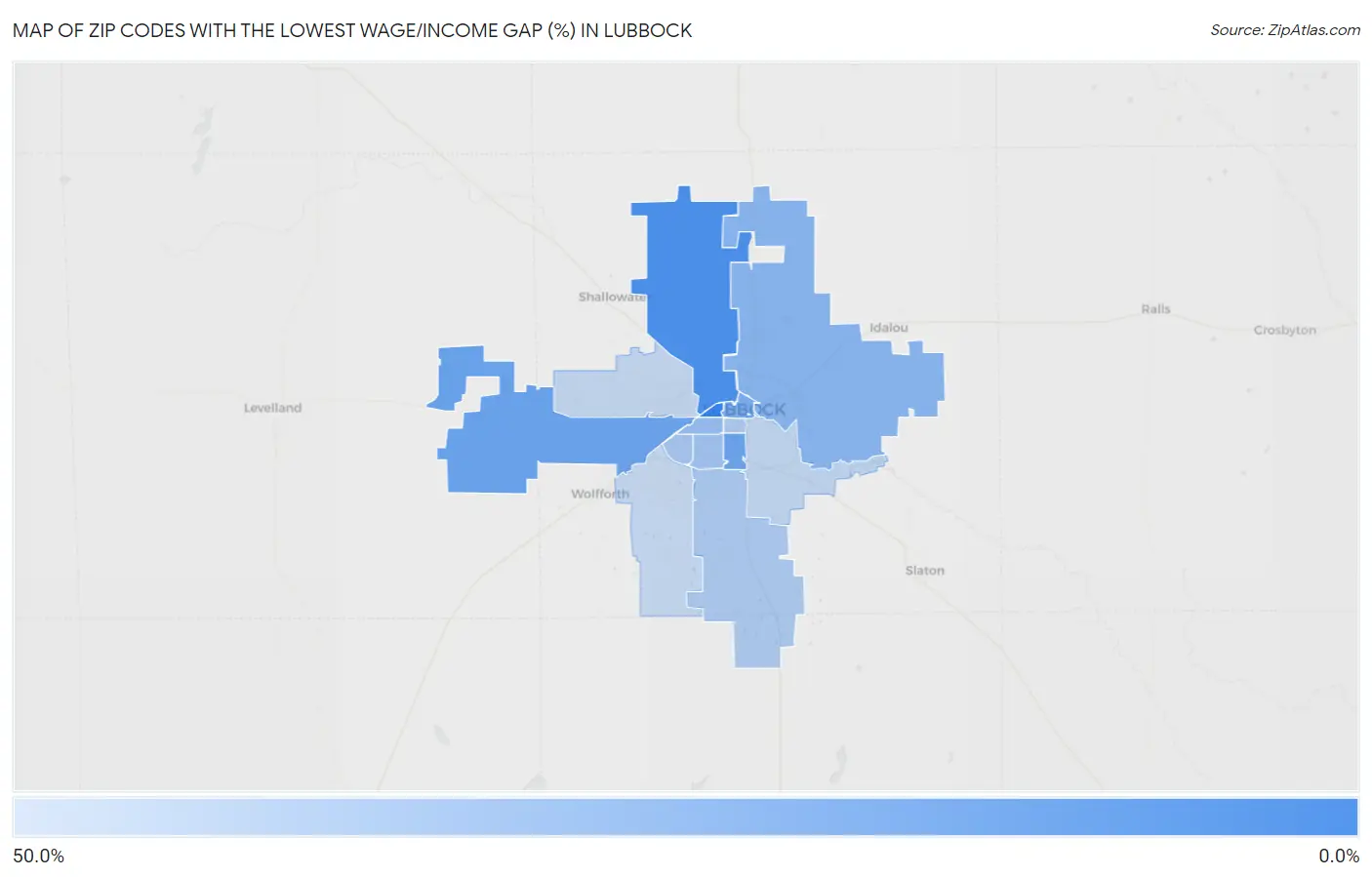 Zip Codes with the Lowest Wage/Income Gap (%) in Lubbock Map
