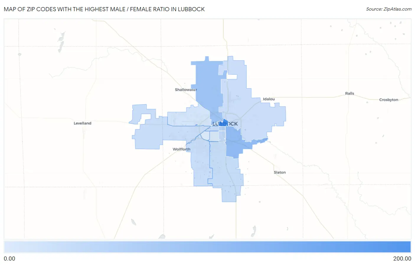 Zip Codes with the Highest Male / Female Ratio in Lubbock Map