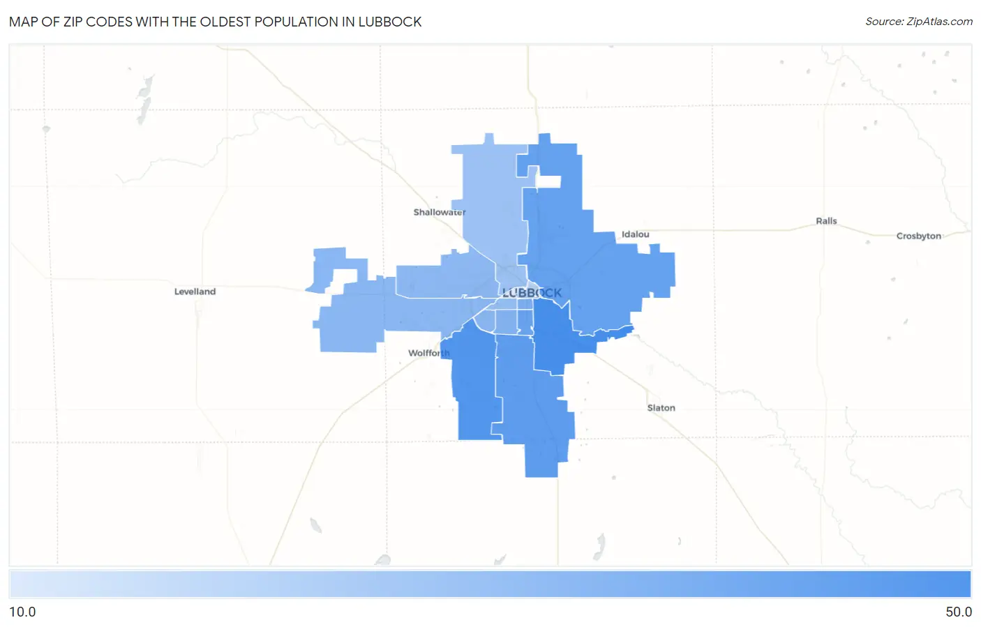 Zip Codes with the Oldest Population in Lubbock Map
